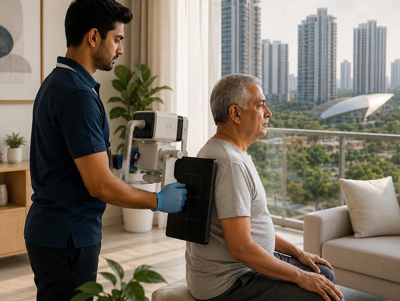 Technician performing portable home X-ray on patient bed in Noida